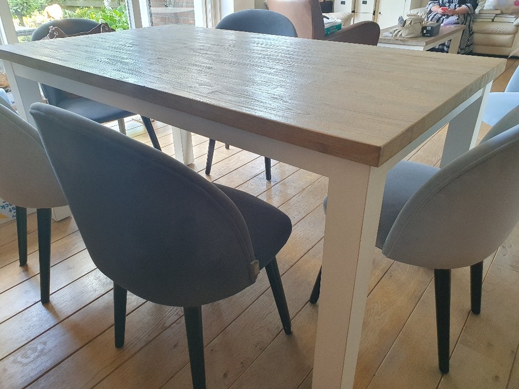 Eettafel met houten blad en witte poten, Ophalen, Gebruikt, 50 tot 100 cm, 150 tot 200 cm