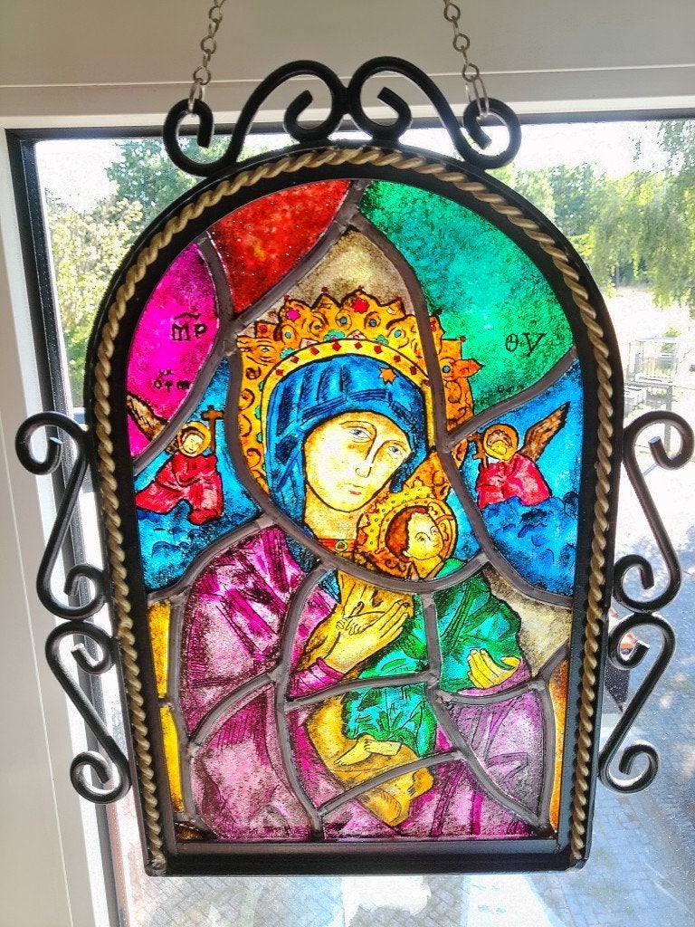 Antiek glas in lood Heilige Maria in lijst neogotische stijl, Ophalen of Verzenden