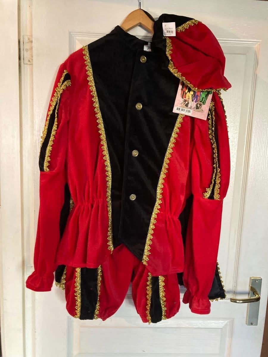 Pieten kostuum rood/zwart met goudkleurige details, Ophalen, Nieuw