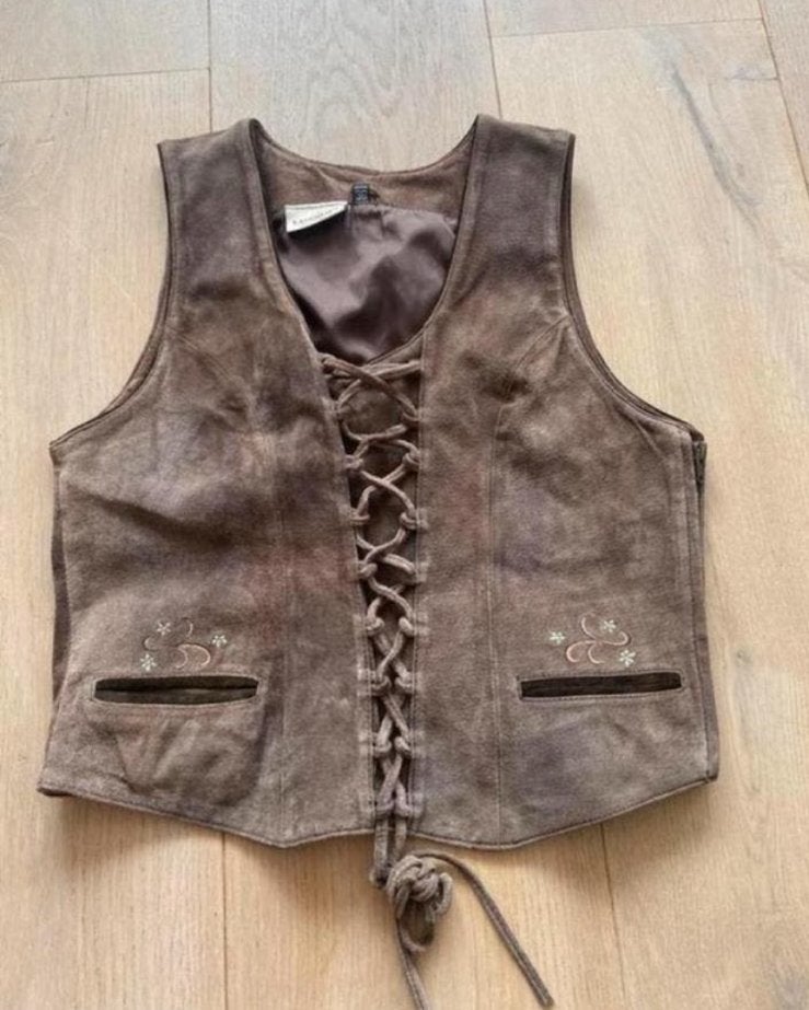 Suede klederdracht gilet top S, Bruin, Ophalen of Verzenden, Zo goed als nieuw, Maat 36 (S)