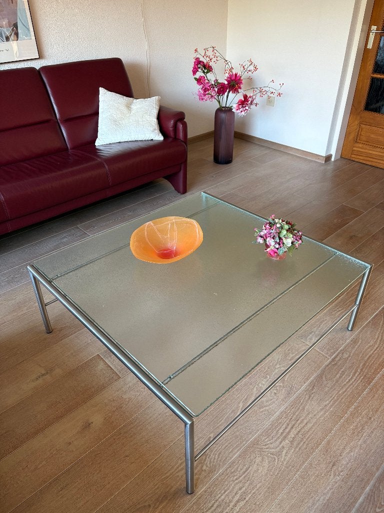 Glazen salontafel - vierkant, Huis en Inrichting, Tafels | Salontafels, Ophalen, 100 tot 150 cm, Vierkant, 50 tot 100 cm