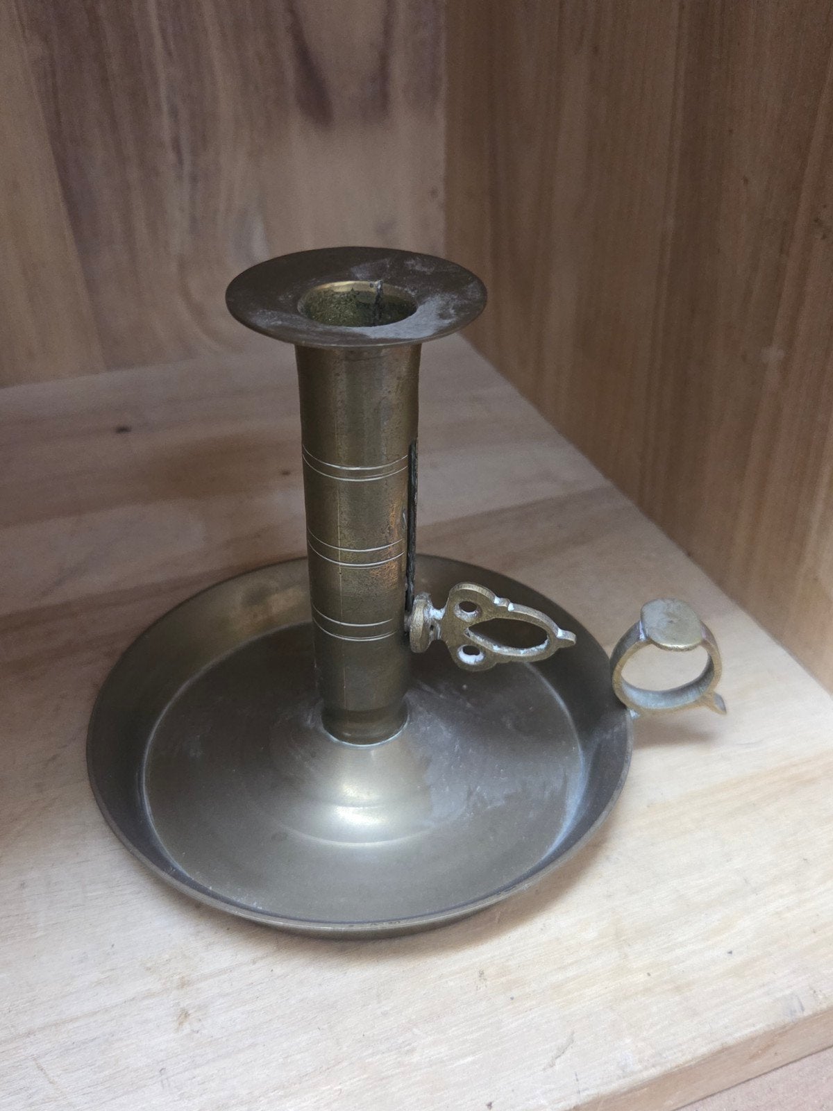 Antieke koperen kandelaar met handvat, Ophalen of Verzenden