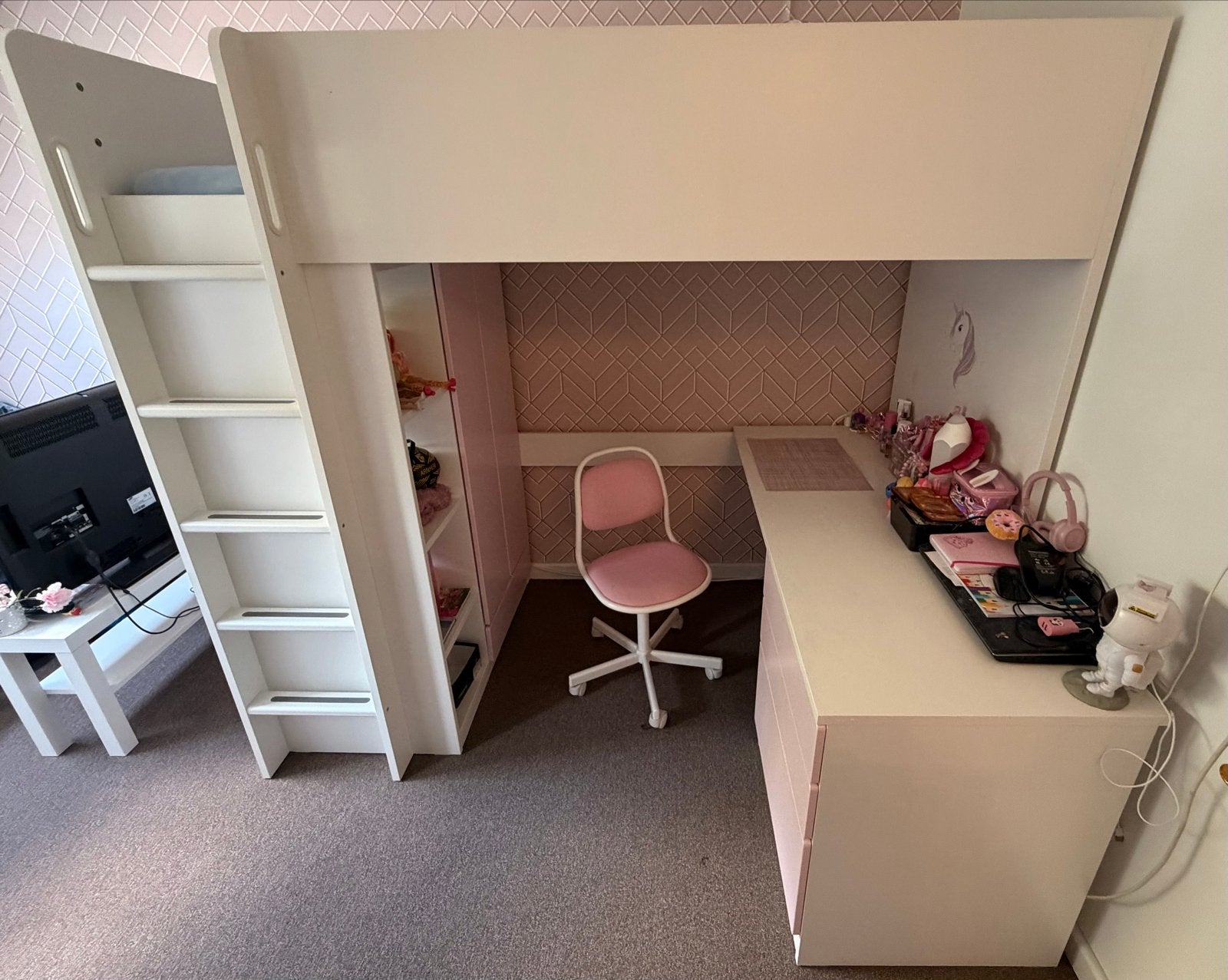 Hoogslaper Smastad met bureau en opbergruimte - Wit/Roze, Ophalen, Gebruikt, Eenpersoons, 200 cm