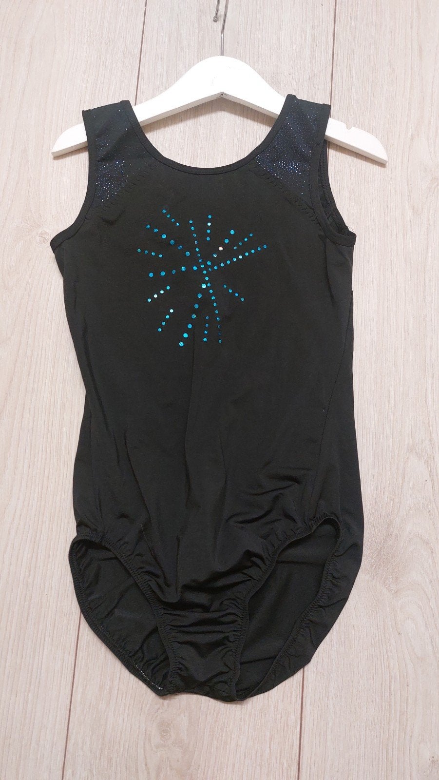 Zwart turnpakje met blauwe glitters 9 jaar, Ophalen, Zwart, Fitness of Aerobics, Onbekend