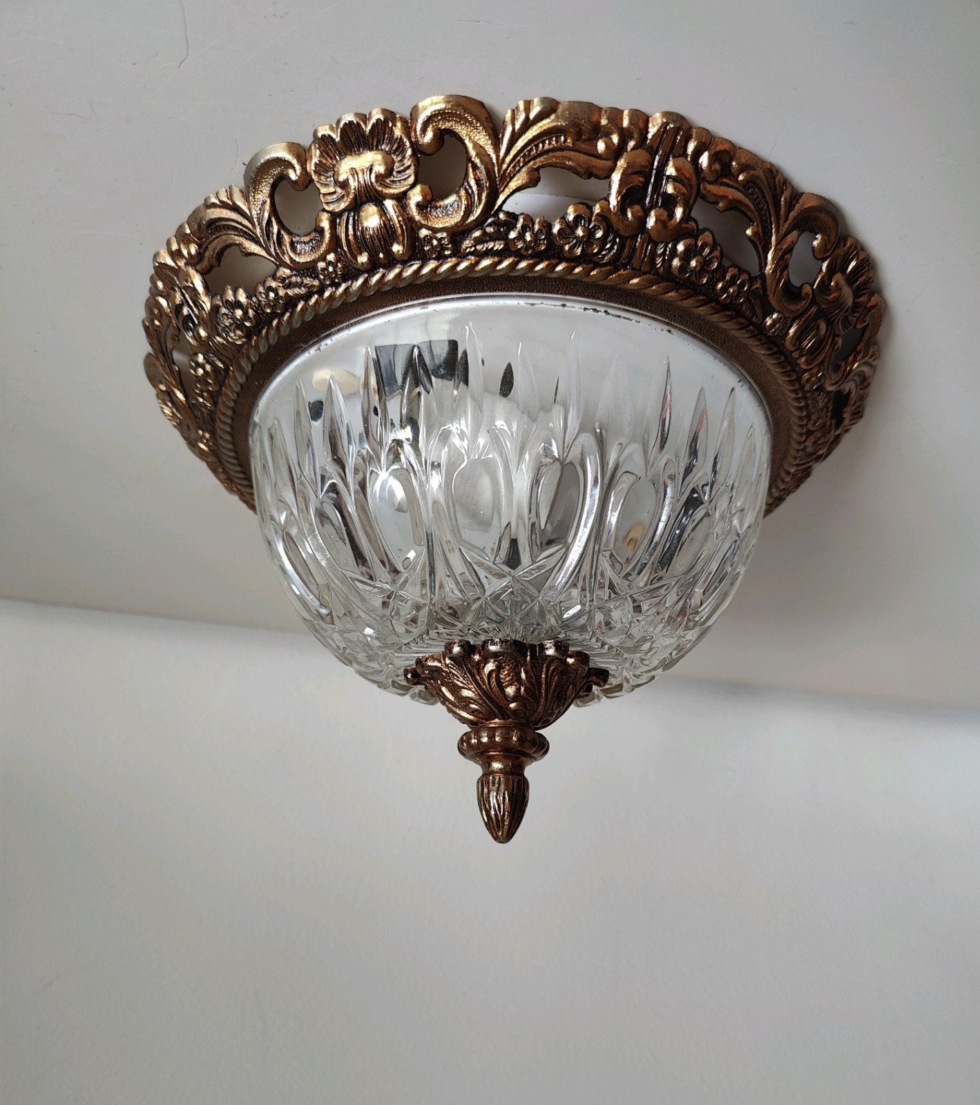 Vintage Hollywood Regency plafonnière messing kristal, Ophalen of Verzenden