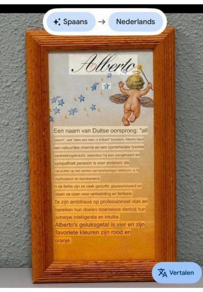 Spaans spaanse tekst ALBERTO in lijst met engel vintage, Huis en Inrichting, Ophalen of Verzenden, Zo goed als nieuw, H, H