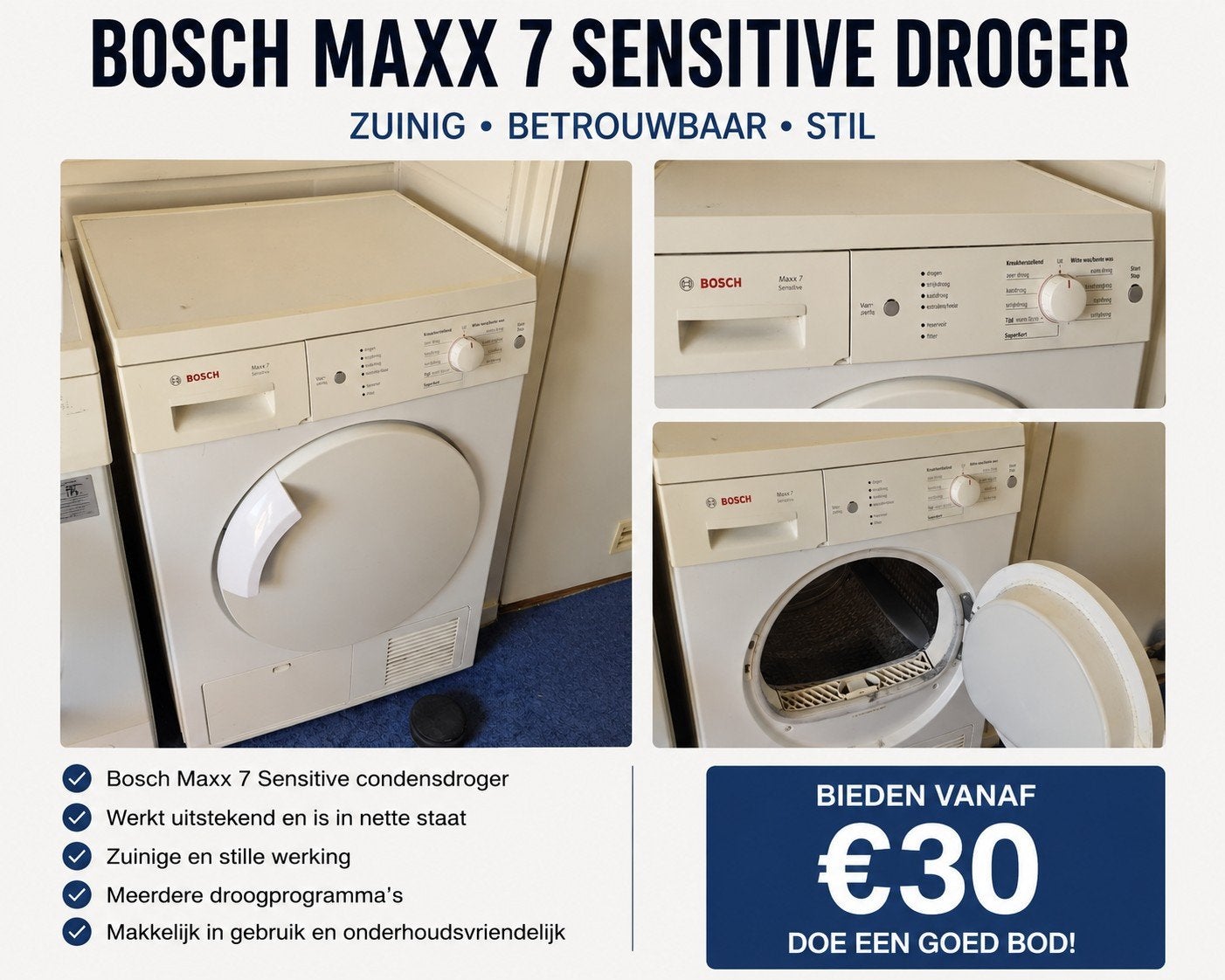 Bosch Maxx 7 Droger - Sensor defect, werkt verder goed, Witgoed en Apparatuur, Wasdrogers, Gebruikt, Condens, Voorlader, 6 tot 8 kg