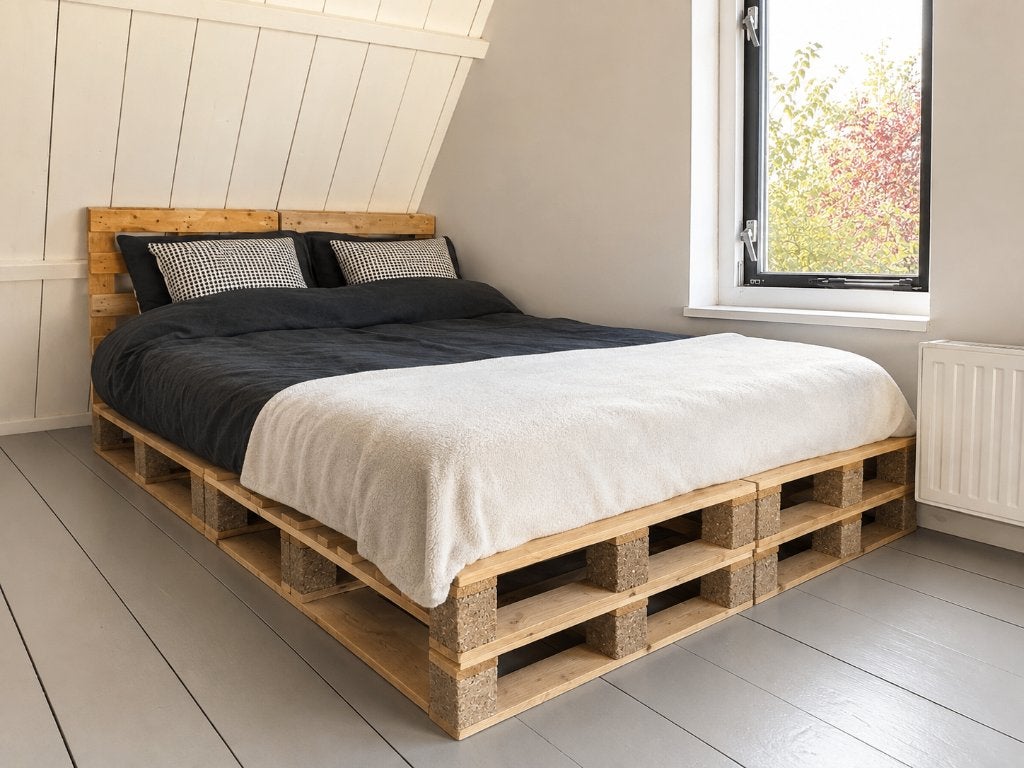 Palletbed / bedframe van houten pallets – tweepersoons, Gebruikt, Tweepersoons, Hout, 140 cm
