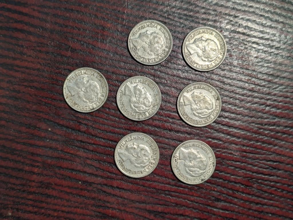 Set 7x Zilveren Dubbeltjes 1938 - Wilhelmina (.640 zilver), Setje, Zilver, Ophalen of Verzenden, 10 cent