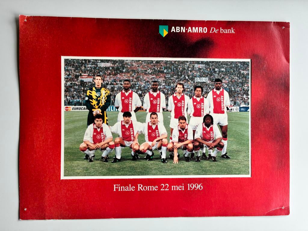 Ajax elftal poster Finale Rome 1996 tegen Juventus, Verzamelen, Ophalen, Zo goed als nieuw, Ajax, Poster, Plaatje of Sticker