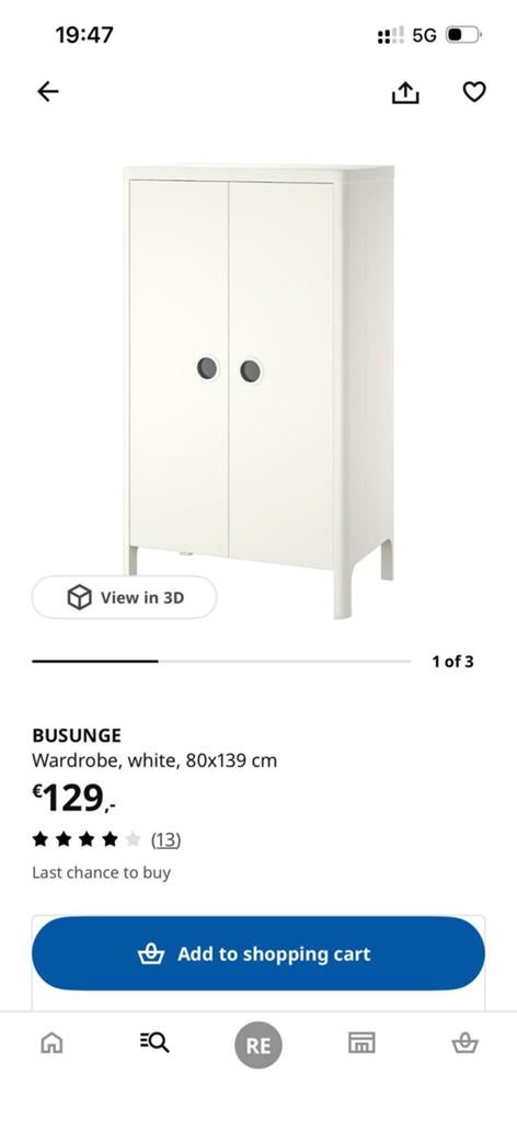 Witte BUSUNGE kledingkast, 80x139 cm, Ophalen, Gebruikt, 100 tot 150 cm, 50 tot 100 cm
