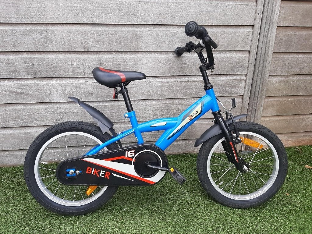 Jongensfiets 16 inch + zijwieltjes, Terugtraprem, Gebruikt, Handrem, 16 inch