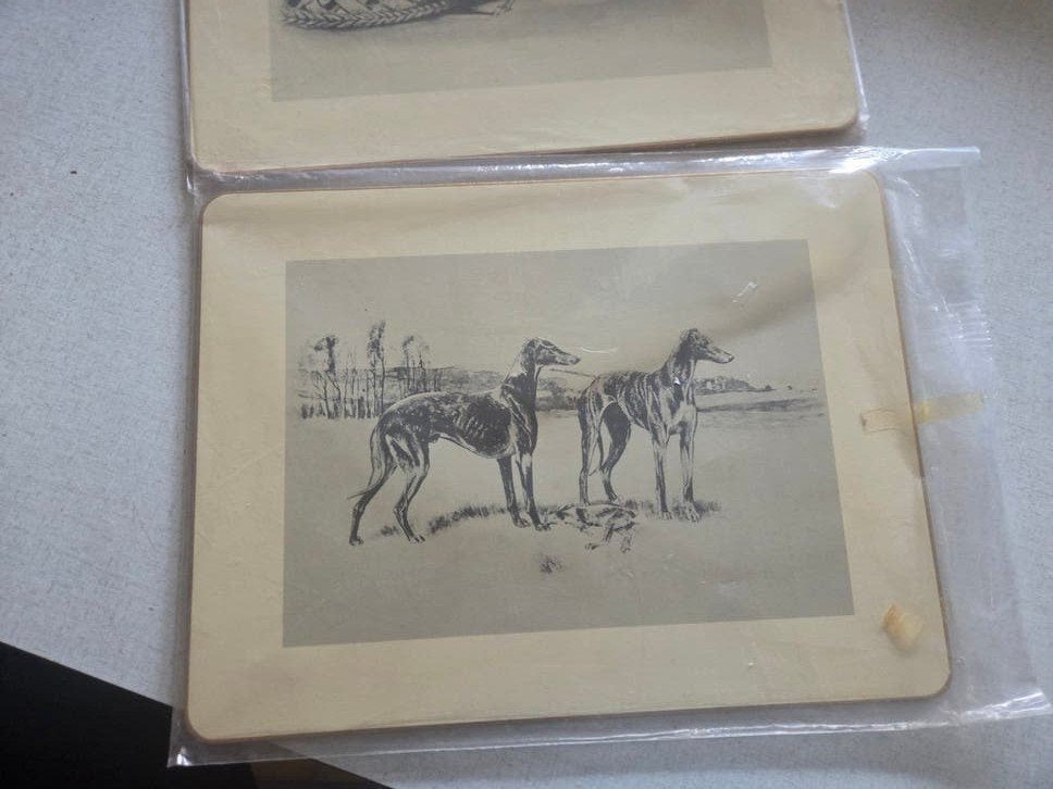 Set van 2 vintage windhond placemat prenten, Verzamelen, Ophalen of Verzenden, Hond of Kat