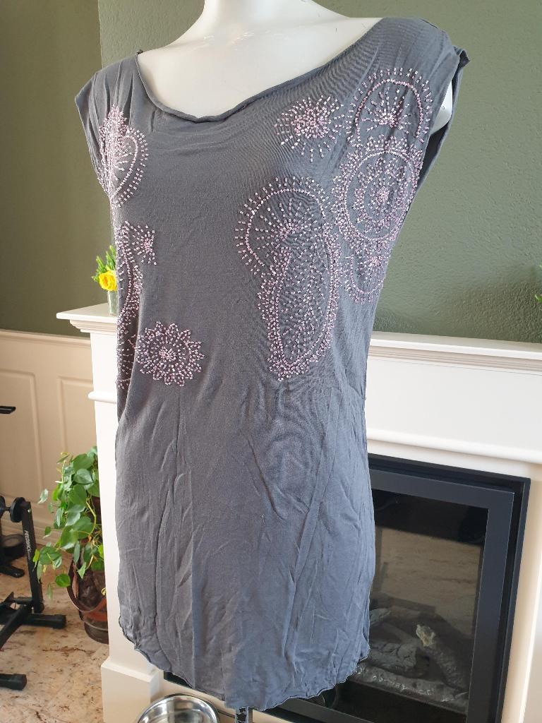 Antik Batik mooie grijs roze kralen top shirt M 40, Maat 38/40 (M), Verzenden, Zo goed als nieuw, Zonder mouw