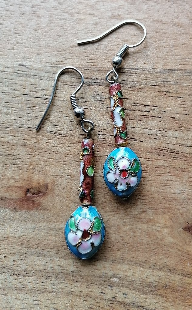 Nieuwe zelfgemaakte oorbellen Chinese kralen turquoise/bruin, Overige materialen, Hangers, Overige kleuren, Nieuw