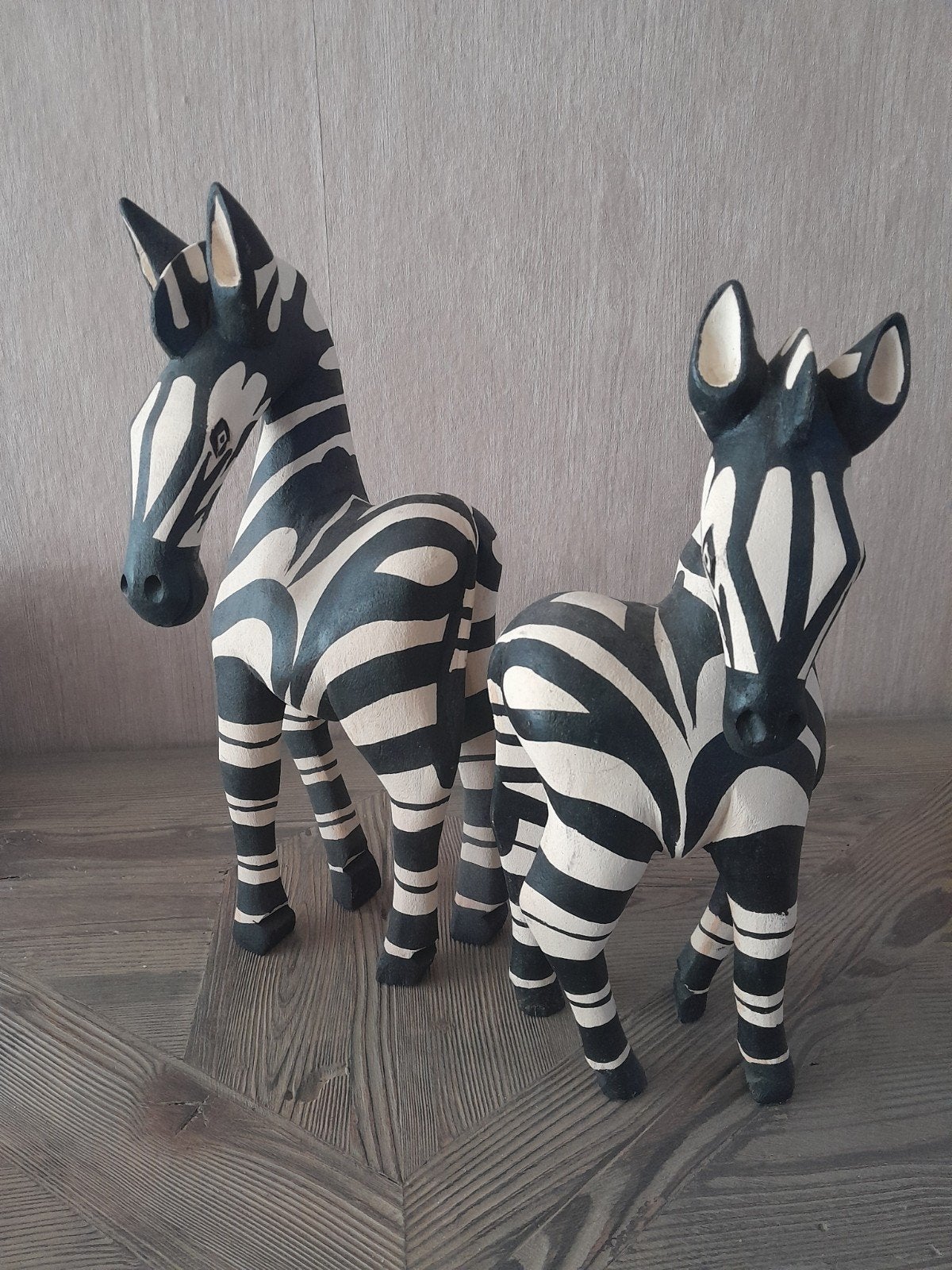 Set van 2 handgesneden houten zebra beeldjes, Hout, Zwart, Overige stijlen, Ophalen of Verzenden
