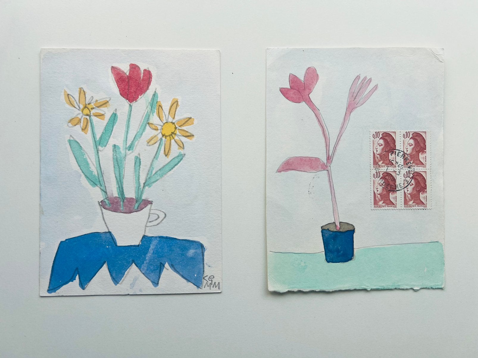 Klaas Gubbels 2 zeldzame, kleine aquarellen, collectorsitems, Ophalen