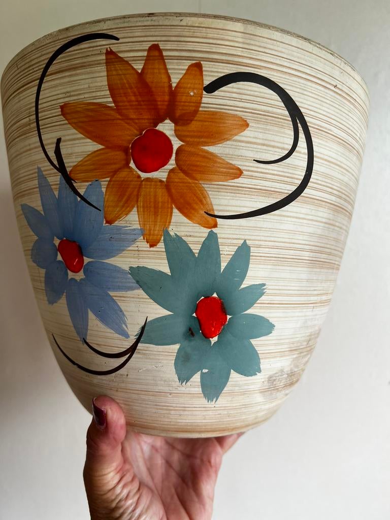 Vintage XXL Belgie Cache Bloempot Bloemen Quaregnon 60’s Ø25, Ophalen of Verzenden