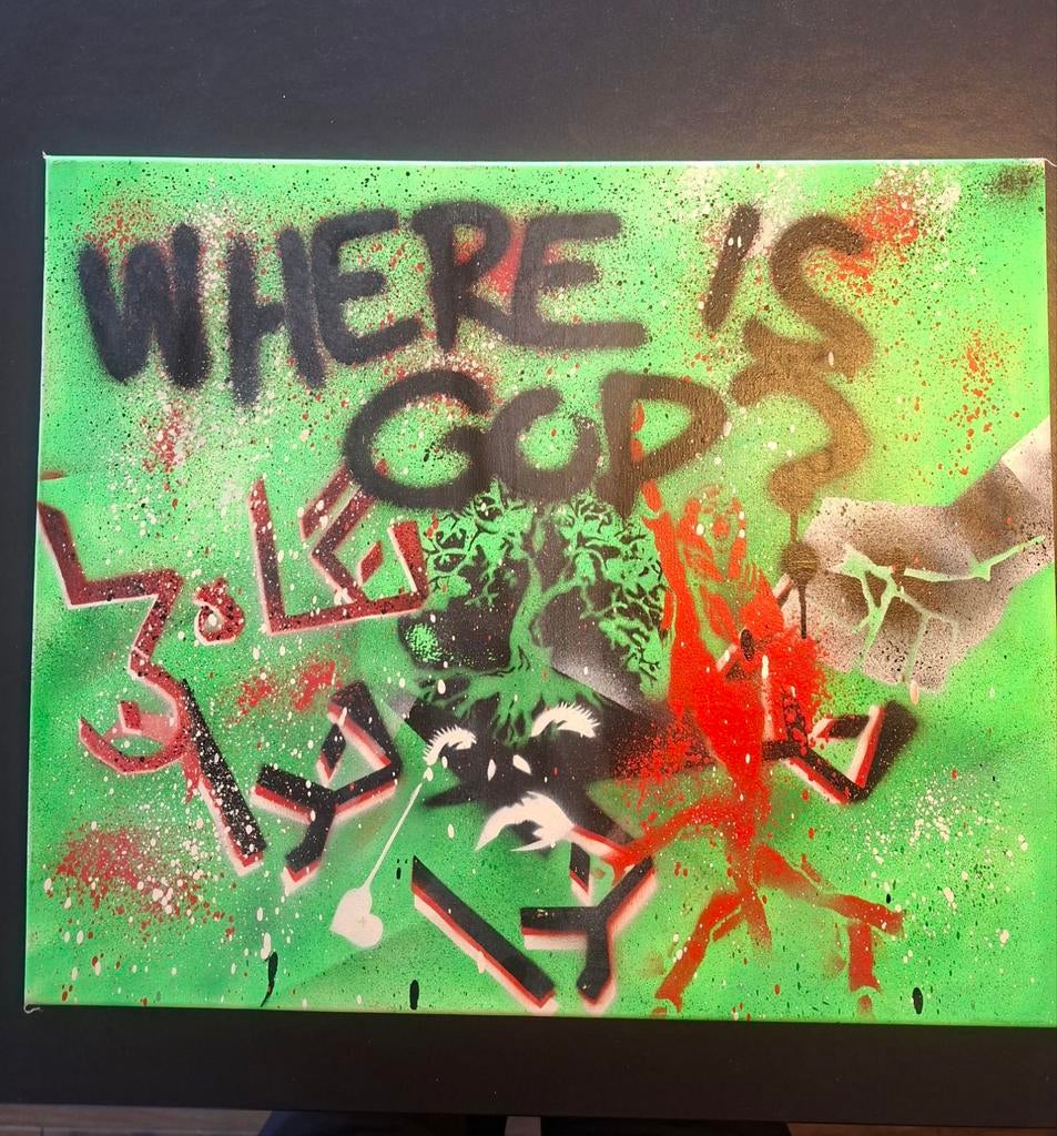 Uniek Spray Paint Kunstwerk "WHERE IS GOD" 50x60cm, Ophalen of Verzenden
