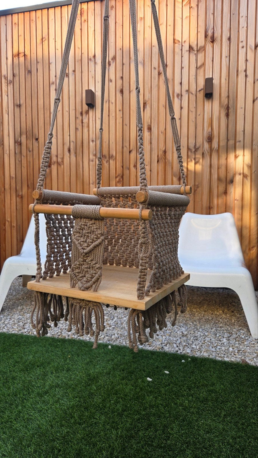 Handgemaakte Macramé Kinderschommel - Bruin Hout & Touw, Ophalen, Zo goed als nieuw, Schommel