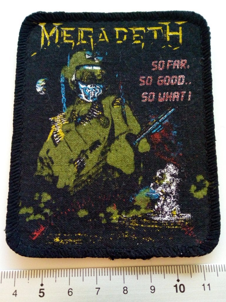 Megadeth vrij mooie vintage 1988 patch 12 so far so good, Ophalen of Verzenden, Nieuw, Kleding