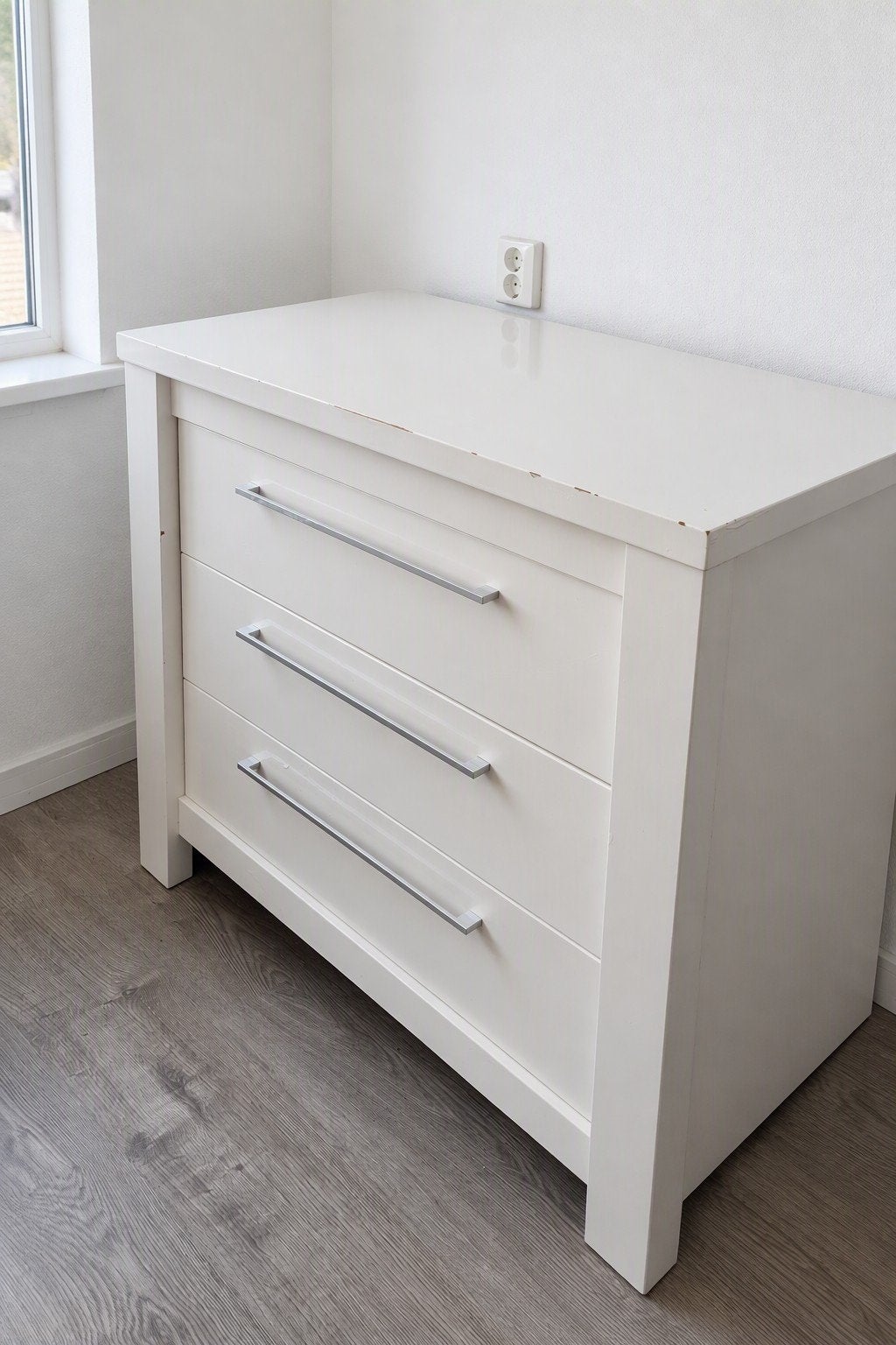 Witte ladekast/ commodekast met 3 laden - Modern design, Ophalen, Gebruikt, 100 tot 150 cm, 3 of 4 laden