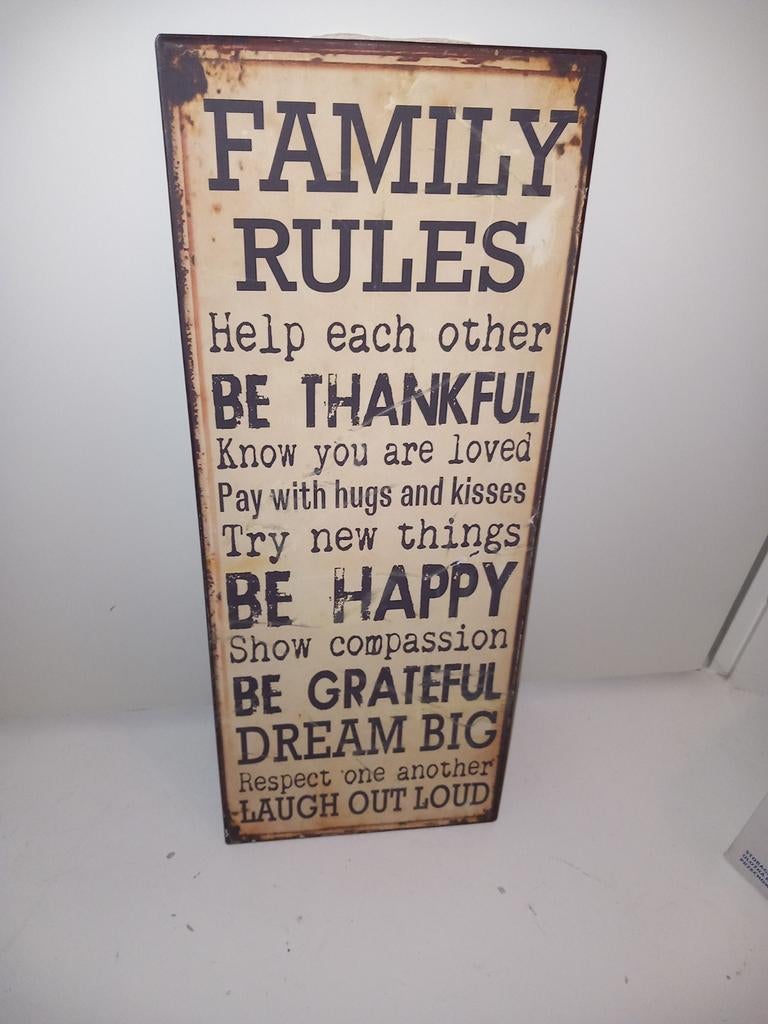 Decoratief bord "Family Rules" - Wanddecoratie, Huis en Inrichting, Woonaccessoires | Tekstborden en Spreuken, Ophalen, Gebruikt