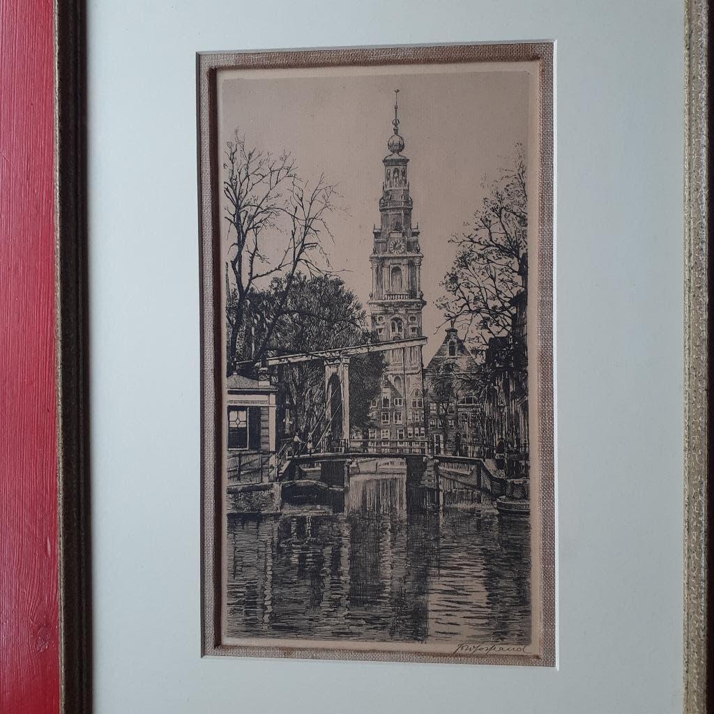 Johannes Josseaud  -  Amsterdam - Zuiderkerk  - ets., Antiek en Kunst, Kunst | Etsen en Gravures, Origineel, Ets, Stadsgezicht