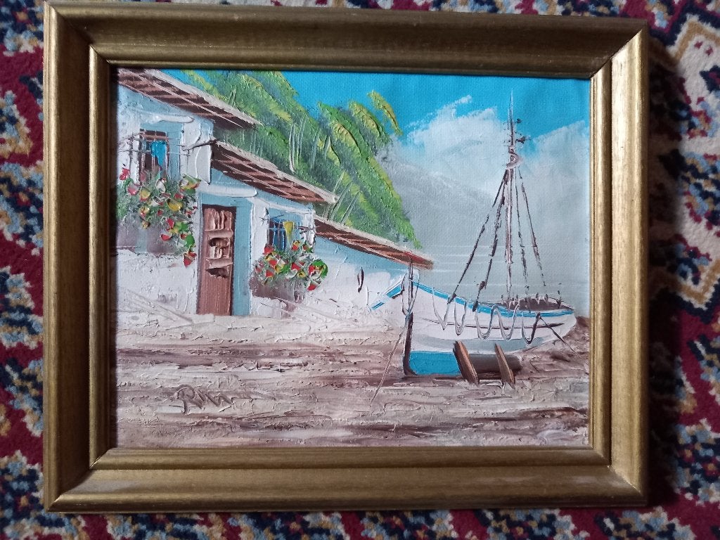 Olieverf schilderij Mediterraans kusttafereel gesigneerd, Ophalen