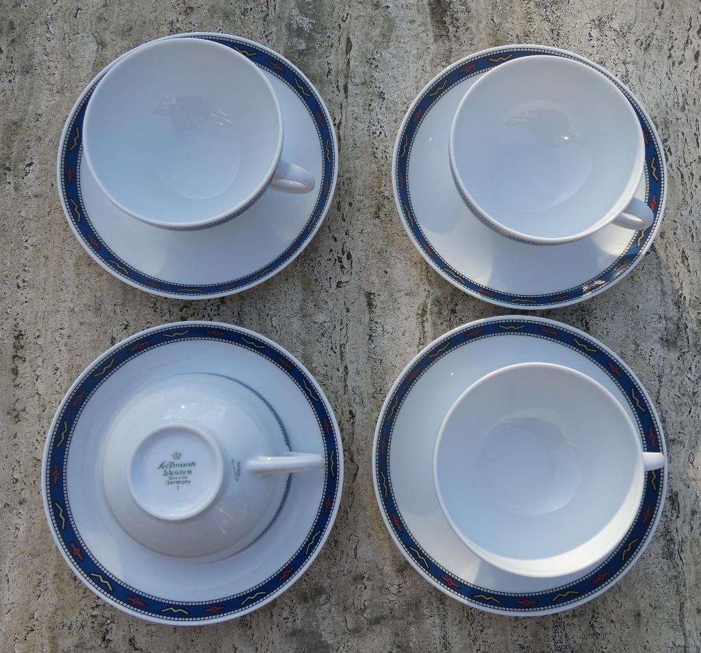 Van Nelle 4 Koppen en Schotels met 6 Vergulde Theelepels, Nieuw, Ophalen of Verzenden, Wedgwood, Kop(pen) en/of Schotel(s)