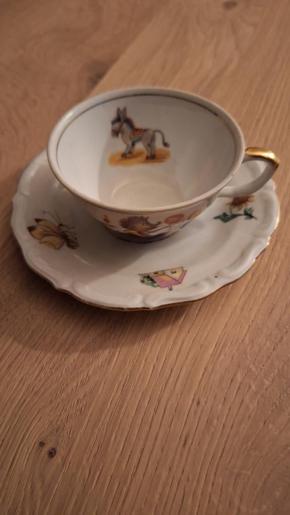 Vintage Kinderkopje met Schotel - Dierenmotief, Antiek en Kunst, Ophalen of Verzenden