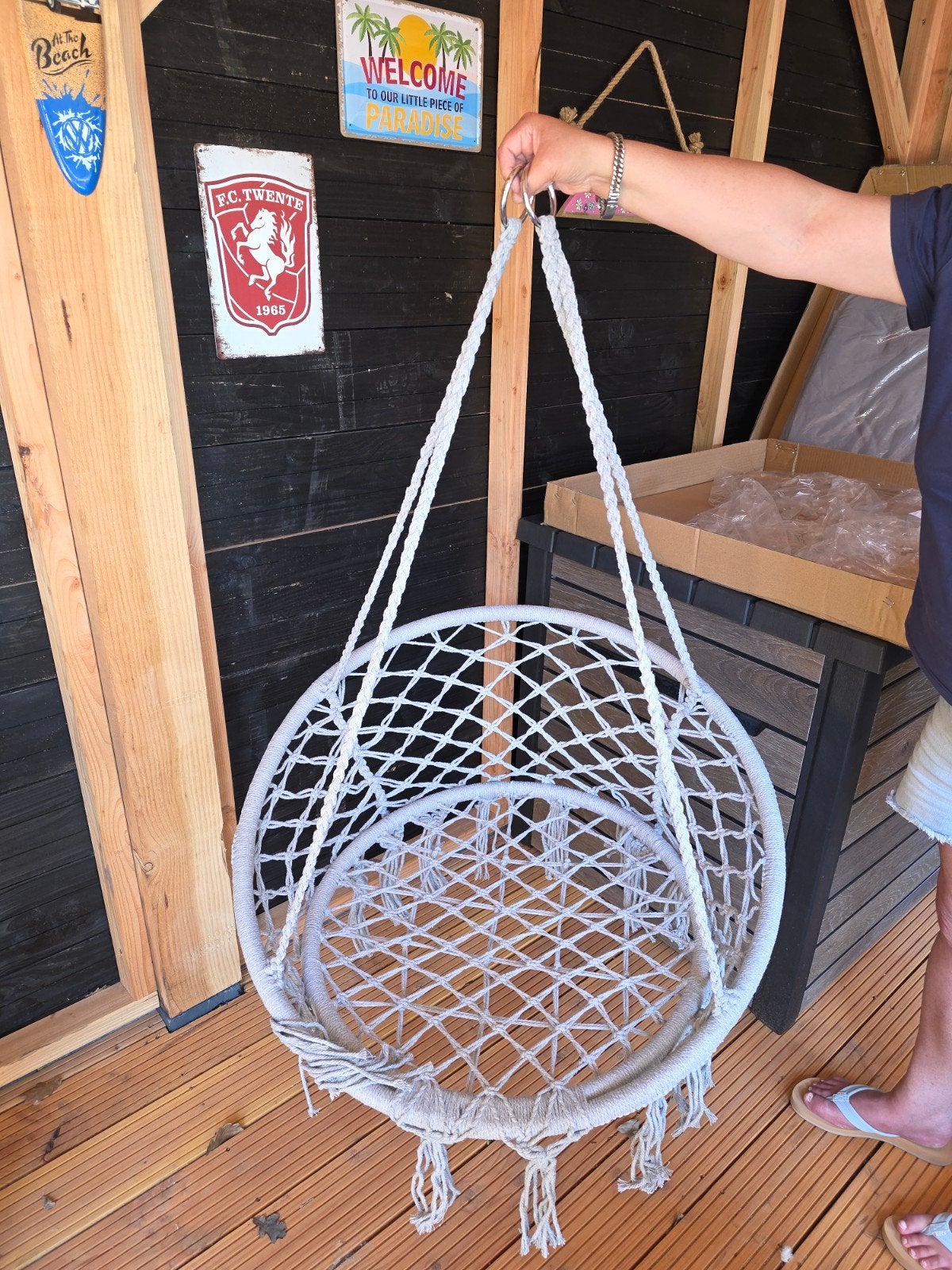 Nieuwe Macrame Hangstoel met Kussen - Grijs, Ophalen of Verzenden, Nieuw, Eenpersoons, Binnen