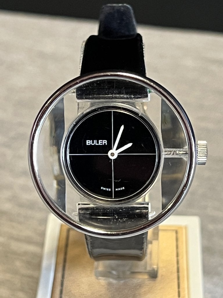 Buler Horloge Lucite Acryl Zwart Mechanisch 35mm, Overige merken, Overige materialen, Met bandje, Polshorloge
