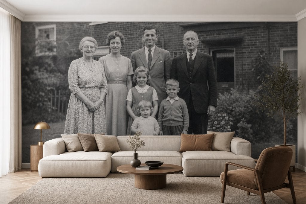 Foto op behang – oude familiefoto zwart-wit, Huis en Inrichting, Stoffering | Behang, Overige patronen, Overige merken, Ophalen of Verzenden