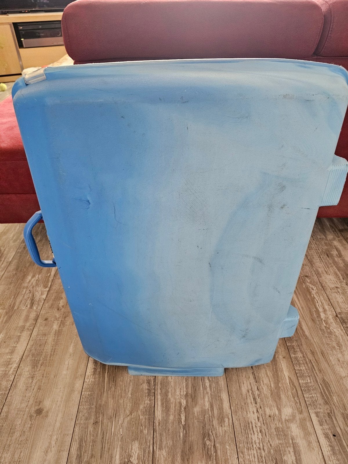 % American Tourister Blauwe gevlamde koffer met wieltjes, Uitschuifbare handgreep, Gebruikt, Hard kunststof, 35 tot 45 cm