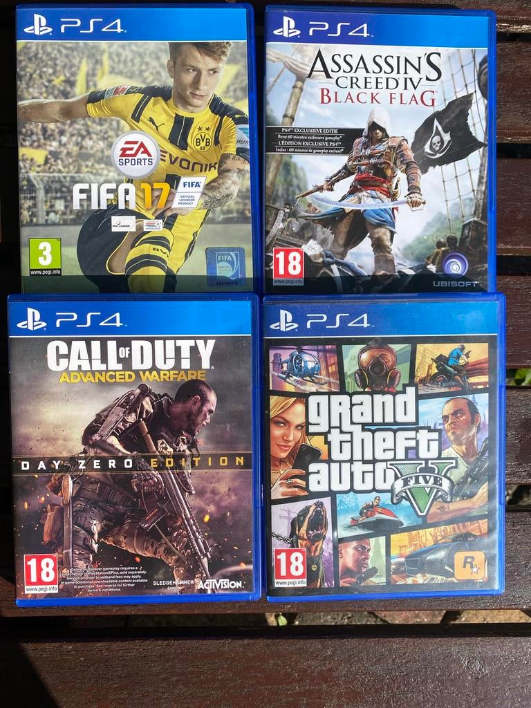 PS4 Games Bundel: FIFA 17, AC Black Flag, CoD, GTA V, Spelcomputers en Games, Games | Sony PlayStation 4, Gebruikt, 1 speler, Eén computer