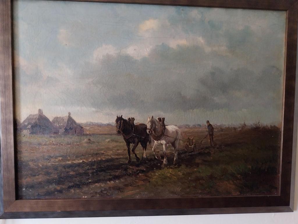 Boer aan het ploegen met 2 paarden.., Antiek en Kunst, Kunst | Schilderijen | Klassiek, Ophalen