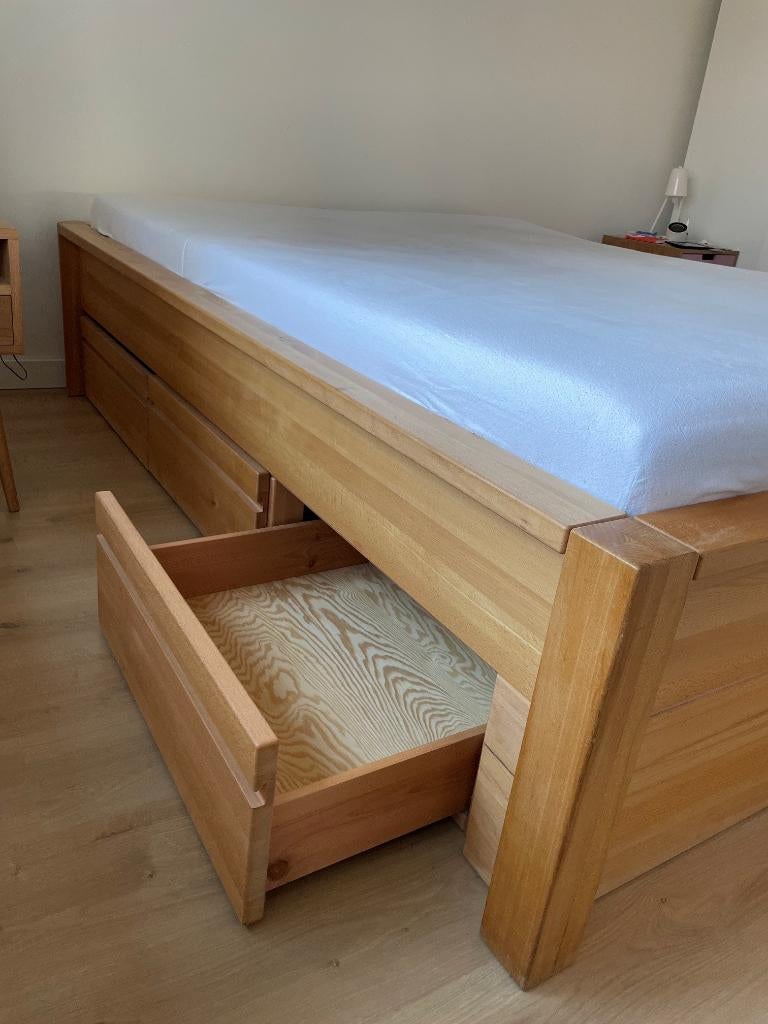 Mooi scandinavisch tweepersoons bed met lades 160x210, Ophalen, Bruin, 210 cm, Tweepersoons