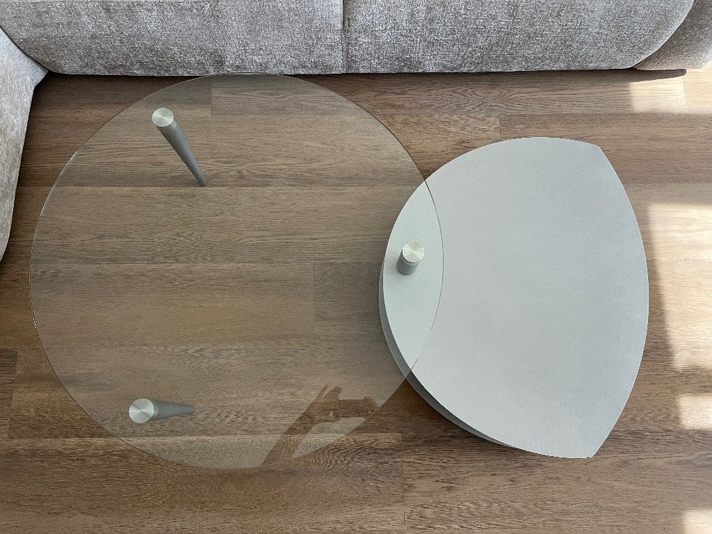 Handige uitklapbare ronde salontafel met glazen blad, Huis en Inrichting, Tafels | Salontafels, Ophalen, Gebruikt, 50 tot 100 cm
