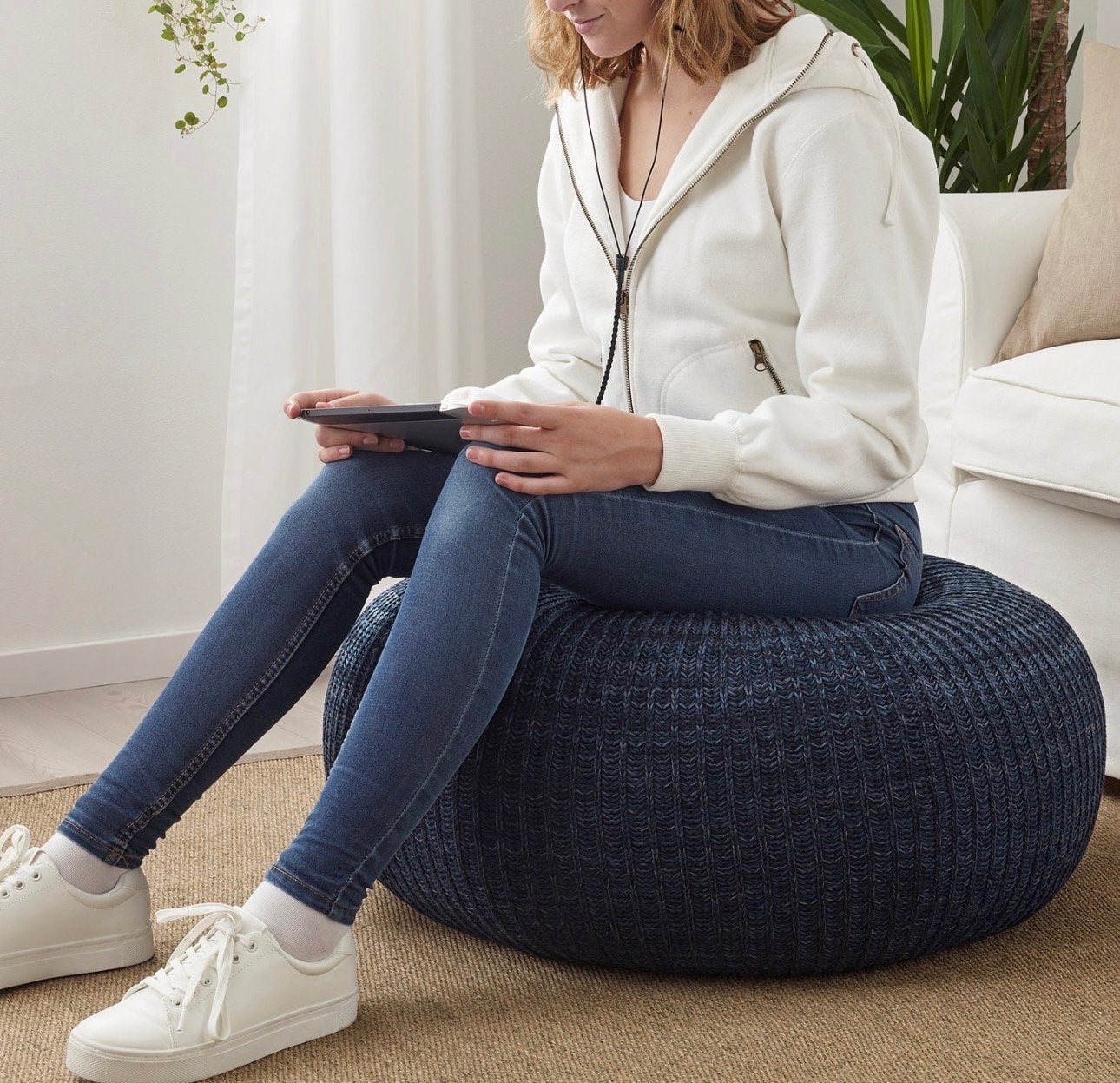 Ikea SANDARED Poef donkerblauw 71cm, Ophalen, Rond, Minder dan 50 cm, Zo goed als nieuw