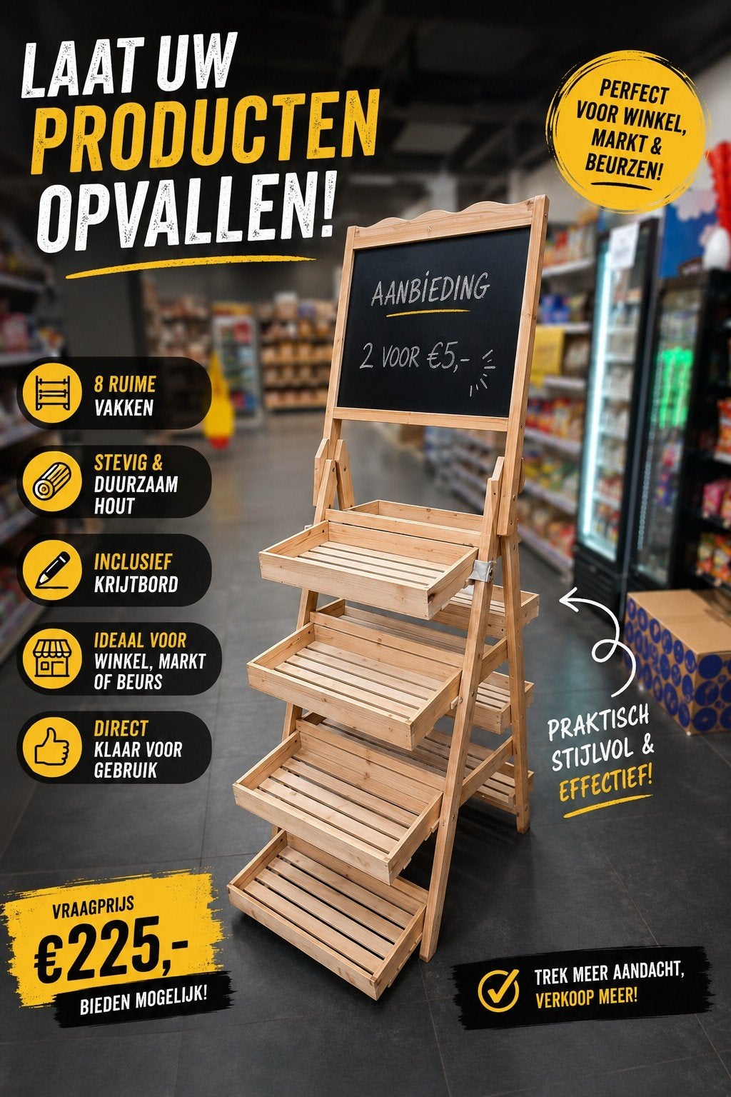 Professioneel Houten Displayrek met Krijtbord | 8 Vakken |, Zakelijke goederen, Kantoor en Winkelinrichting | Winkel en Inventaris