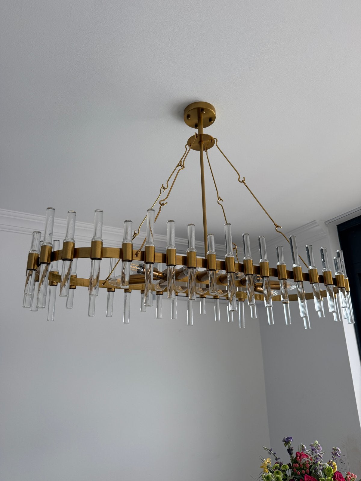 Luxe gouden kroonluchter met glazen staven - 100x280x300 cm, Ophalen, Zo goed als nieuw, Glas, E14 (klein)