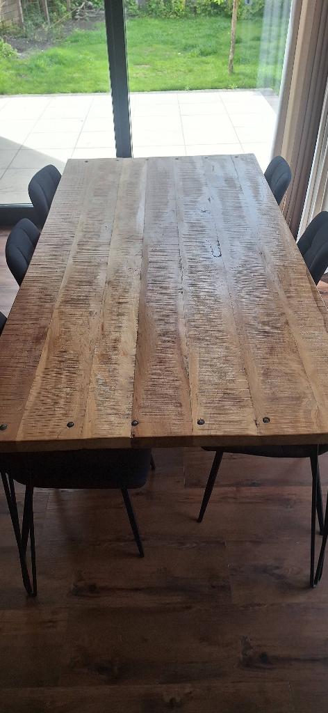 Eettafel 6-8 personen houten blad hairpin poten, Ophalen, 200 cm of meer, 50 tot 100 cm, Zo goed als nieuw