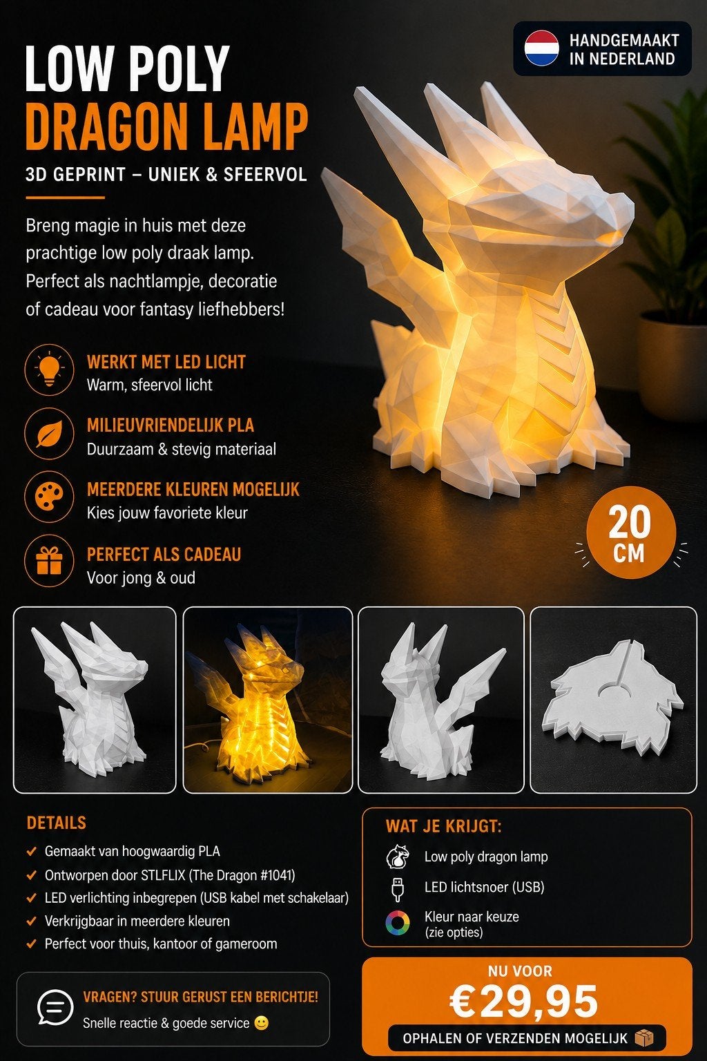 Low Poly Draken Lamp - 3D Geprint LED Nachtlampje, Ophalen of Verzenden, Nieuw
