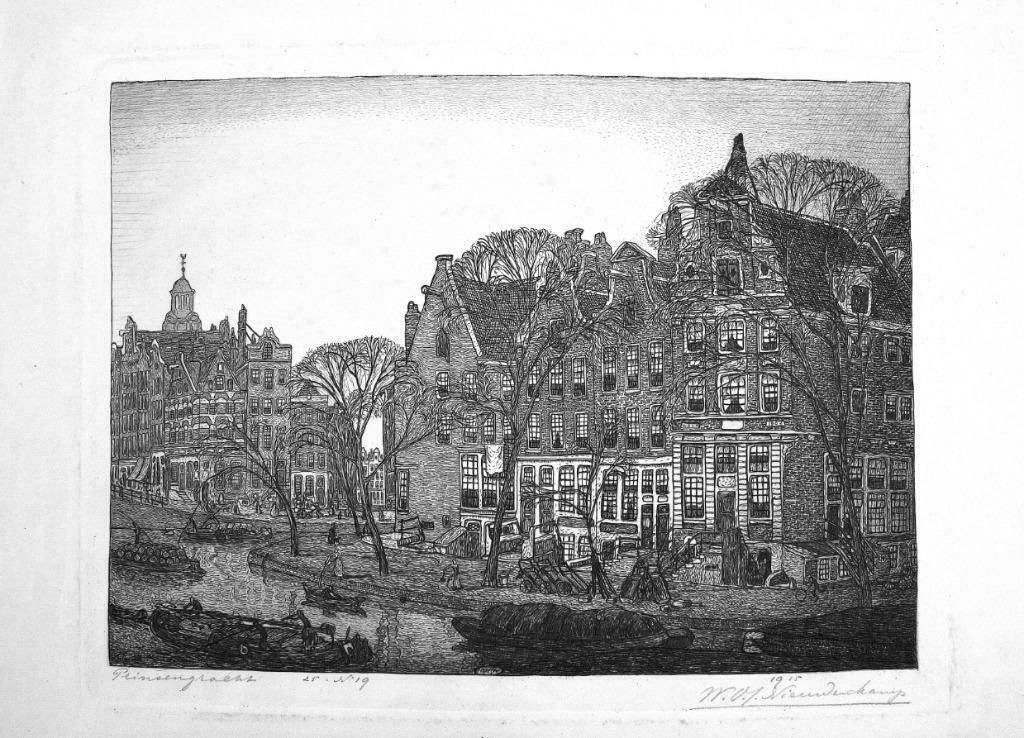 WOJ Nieuwenkamp ets "Korte Prinsengracht Amsterdam 1915, Antiek en Kunst, Kunst | Etsen en Gravures, Ophalen of Verzenden, Stadsgezicht