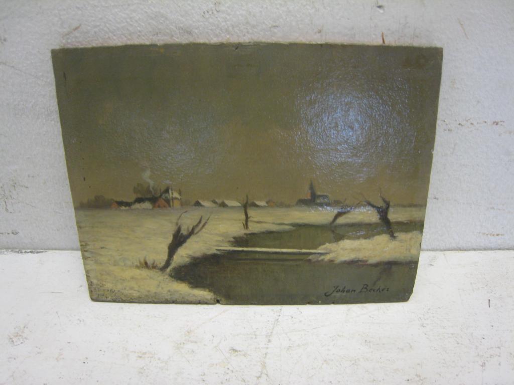 Johan Becker, " winterlandschap", olieverf op hout, 18x14