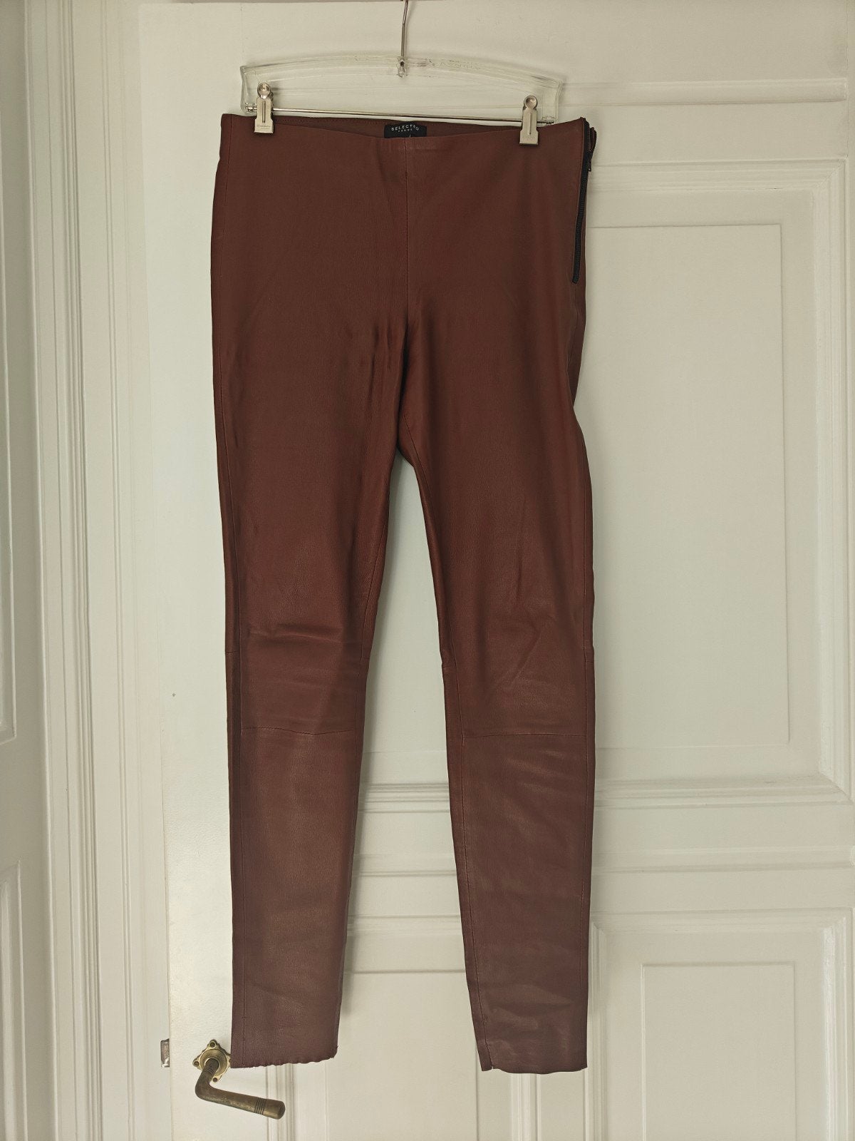 Selected Femme stretch leren broek cognac bruin maat 40-42, Bruin, Ophalen of Verzenden, Zo goed als nieuw, Lang
