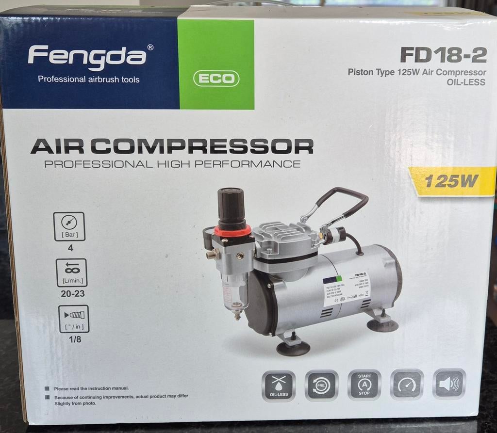 Fengda FD18-2 Airbrush Compressor 125W Olievrij, Ophalen, Nieuw, Minder dan 200 liter/min, Olievrij