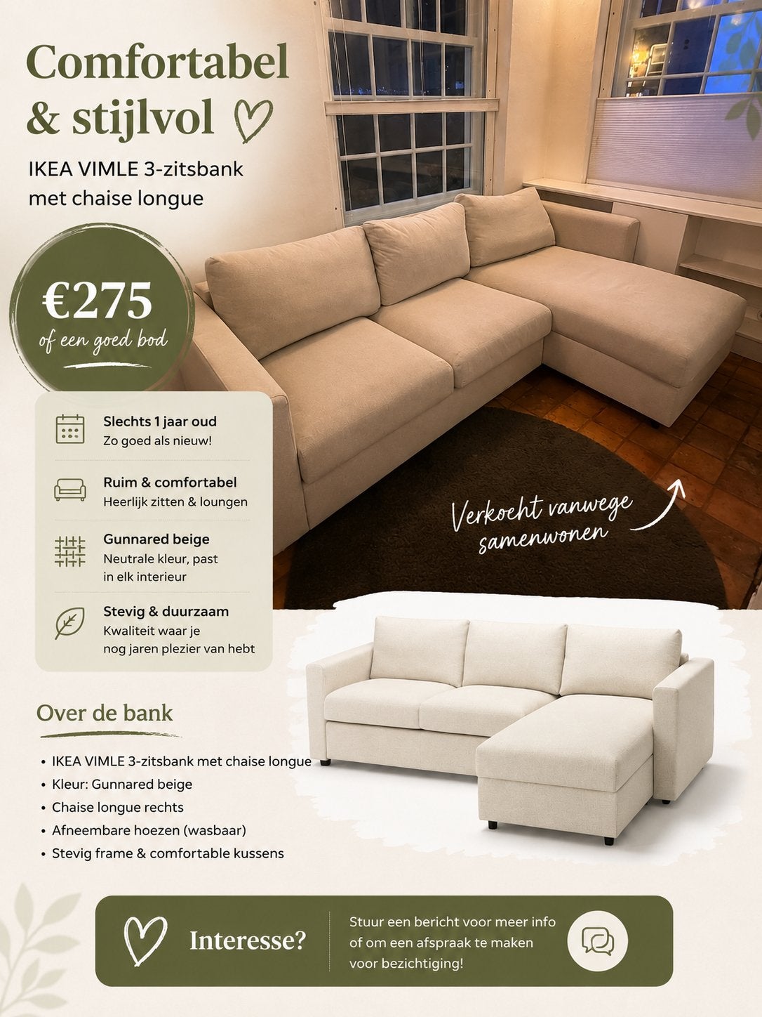 IKEA VIMLE 3-zitsbank met chaise longue - Gunnared beige, Ophalen, 125 tot 150 cm, Hoekbank, Driepersoons