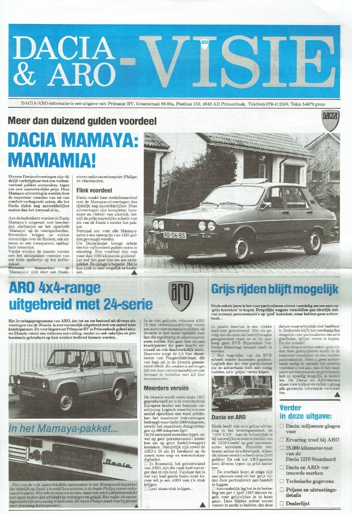 Folder Dacia en ARO modellen (1987), Boeken, Verzenden, Gelezen, Overige merken